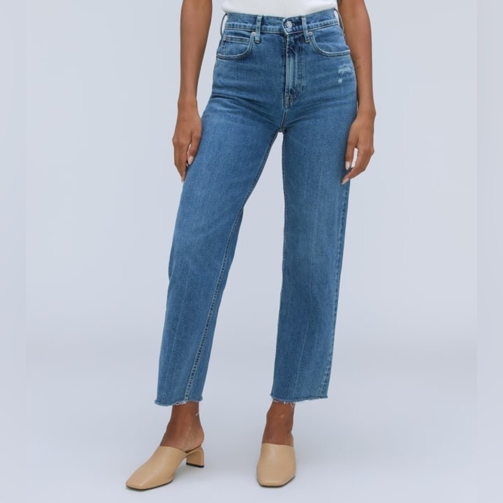 Everlane The Way High Jean Long Medium Wash Distressed Raw Hem NWT